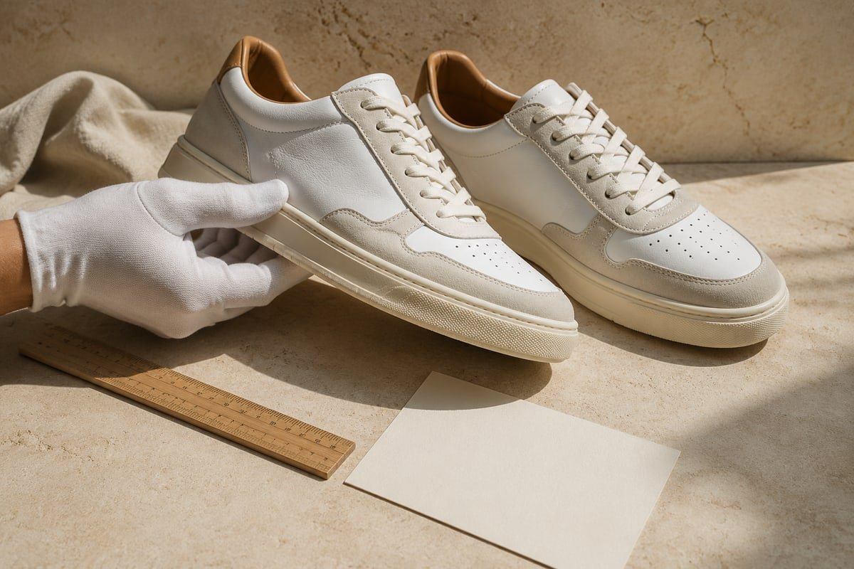 Zapatillas sin marca revisadas con guante y regla sobre una mesa clara