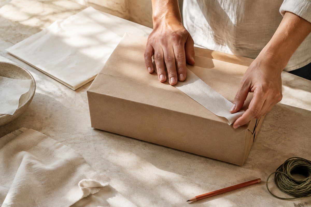 Preparación de un paquete de cartón con cinta de papel